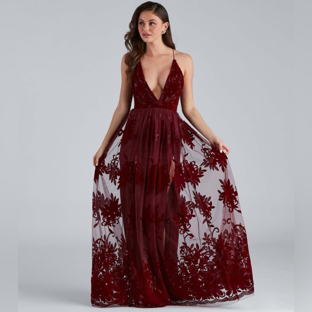 Burgundy Red Formal Flocked Flowy Velvet Floral Tulle Dress Windsor NWT S-M